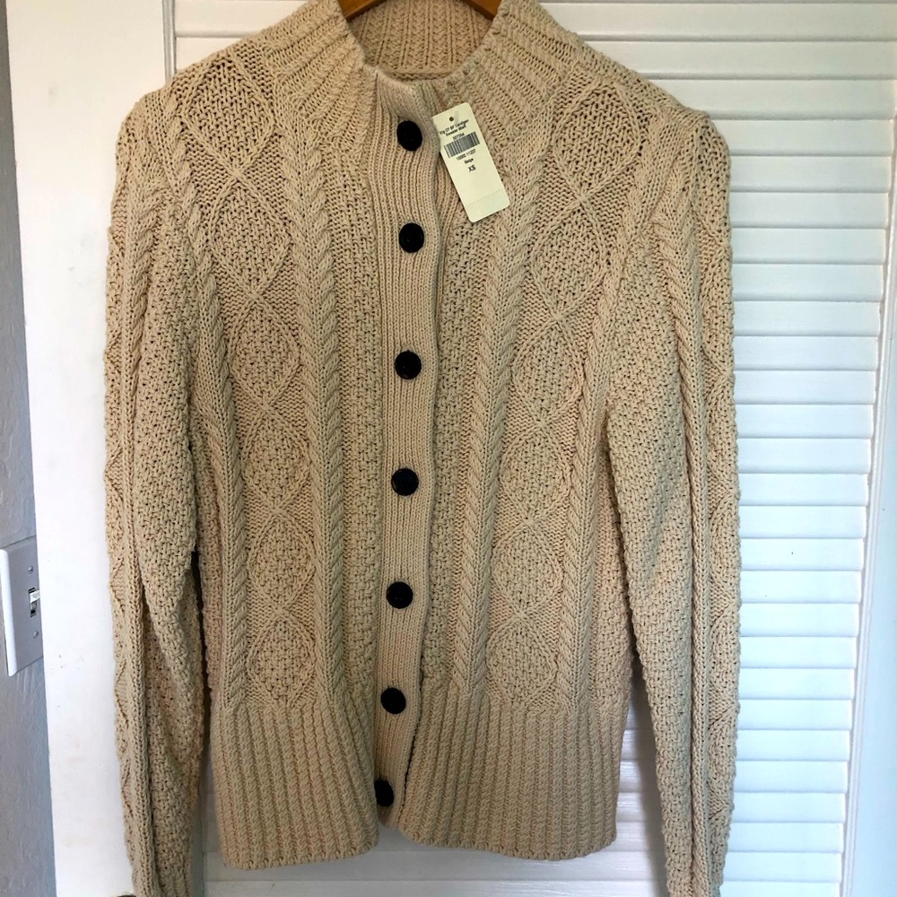 NWT! Ll Bean Women's Signature Cotton Fisherman Sweater, Short Cardigan-Beige XS